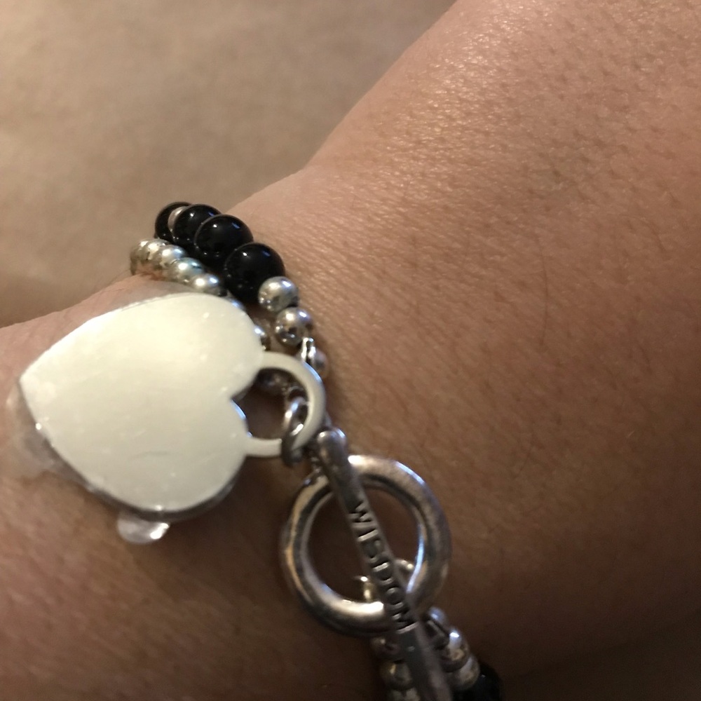 2 Strand Bracelet black Onyx & Silver Tone Beads with Heart Charm/Toggle Closure